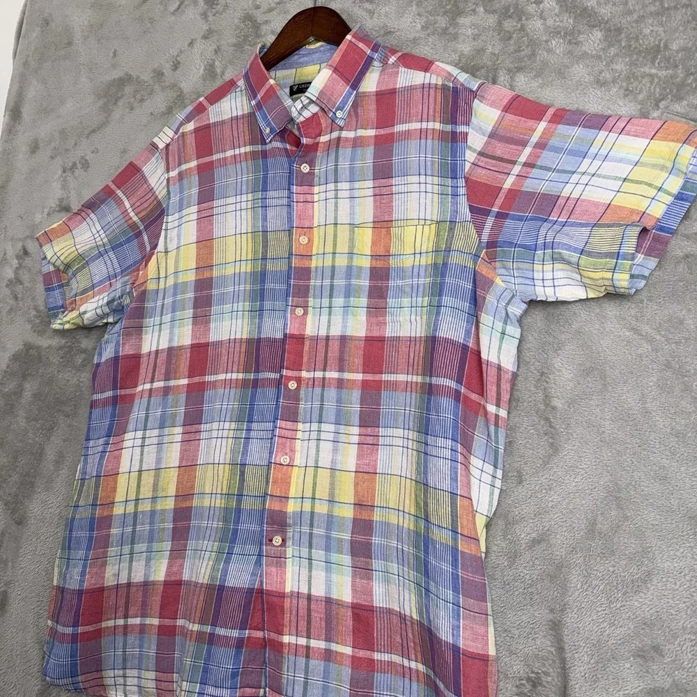 Cremieux Classics Men's‎ XL Rainbow Pastel Plaid Check ButtonUp Shirt 100% Linen